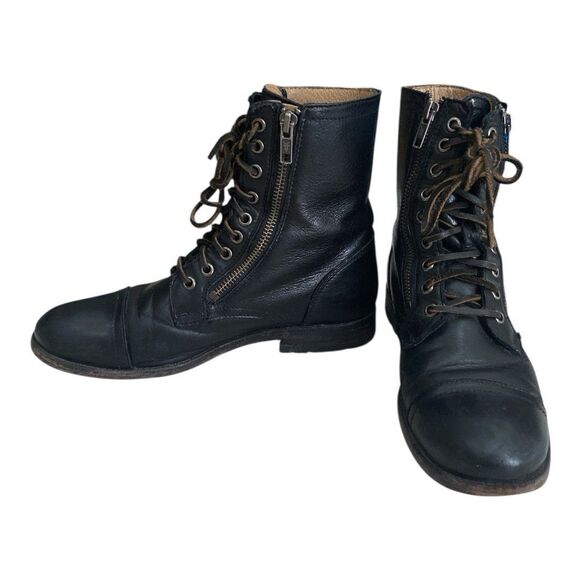 Frye Tyler Double Zip Lace Up Black Leather Combat Moto Boots Size 8B